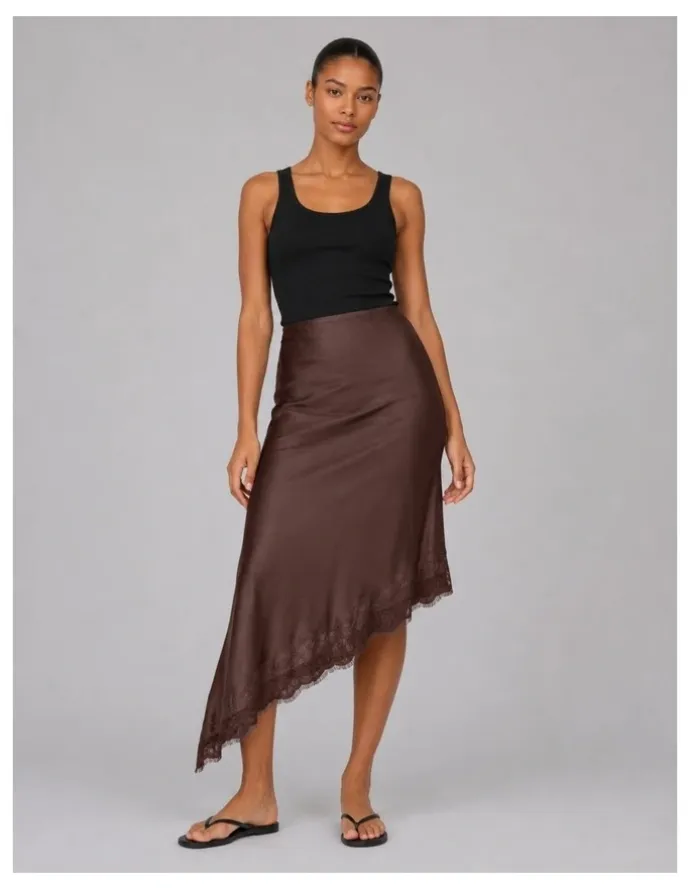 ONLY Faraya Satin Lace Skirt in Brown