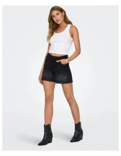 ONLY Gianna Mid Waist Belted Shorts in Washed Black