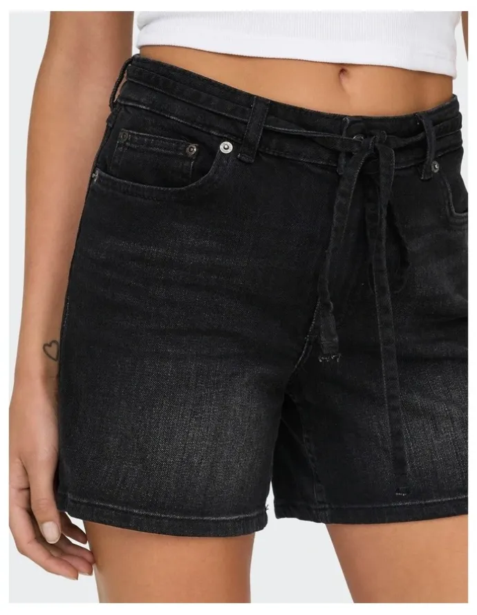 ONLY Gianna Mid Waist Belted Shorts in Washed Black