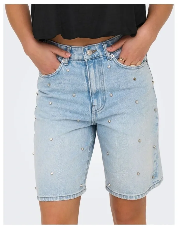 ONLY Hope High Waisted Loose Long Denim Shorts in Light Blue Denim