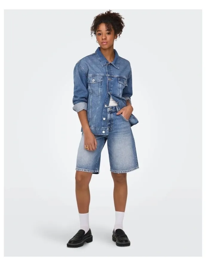 ONLY Mate Baggy Long Shorts in Mid Blue Denim