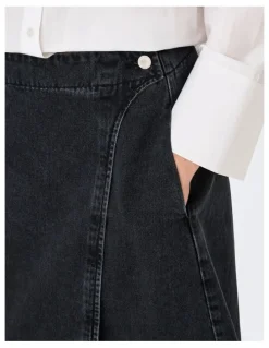 ONLY Thea Wrap Cotton Midi Skirt in Wash Black Denim