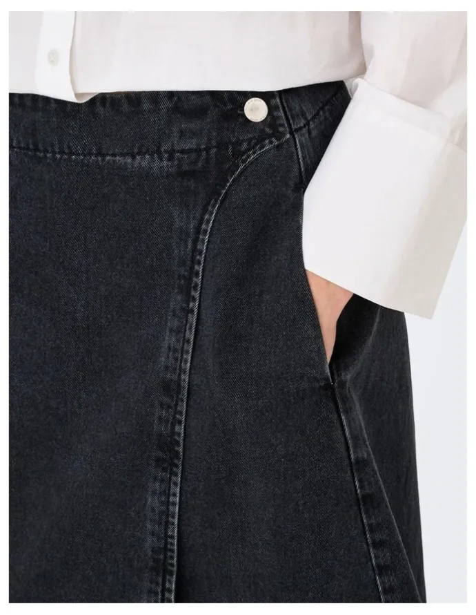 ONLY Thea Wrap Cotton Midi Skirt in Wash Black Denim