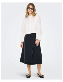 ONLY Thea Wrap Cotton Midi Skirt in Wash Black Denim