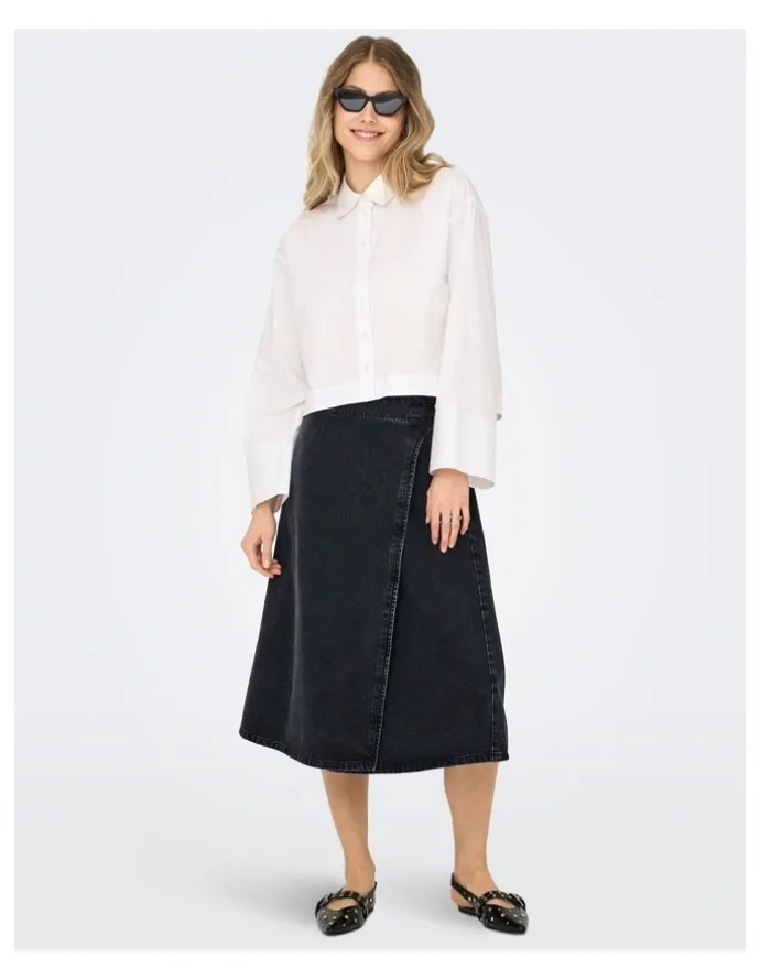 ONLY Thea Wrap Cotton Midi Skirt in Wash Black Denim