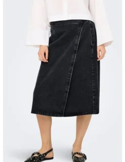 ONLY Thea Wrap Cotton Midi Skirt in Wash Black Denim