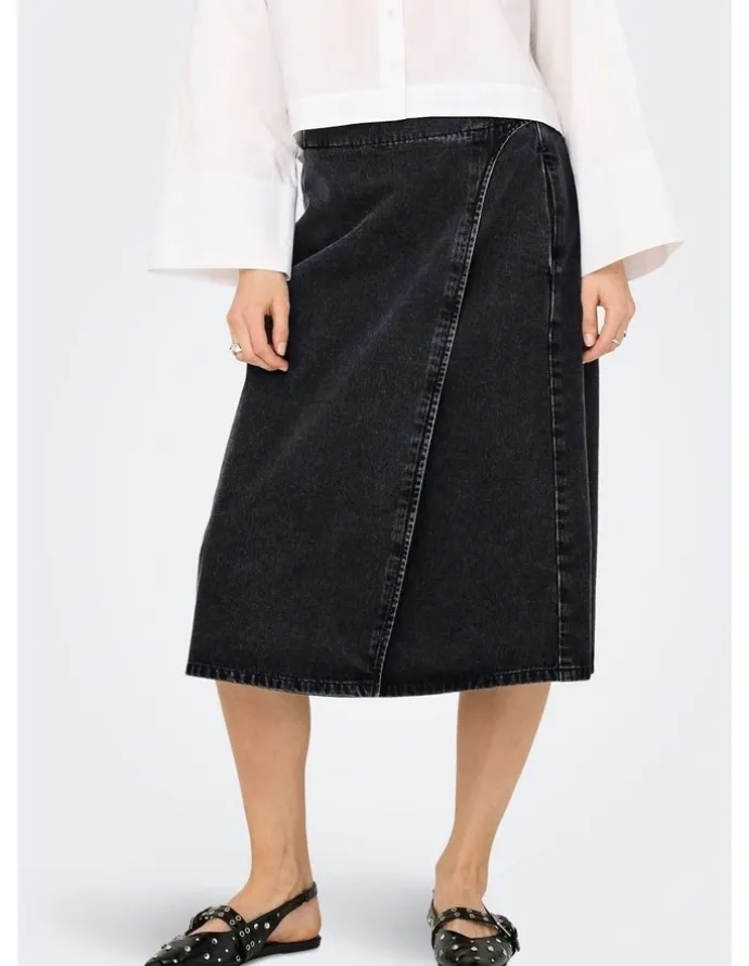 ONLY Thea Wrap Cotton Midi Skirt in Wash Black Denim