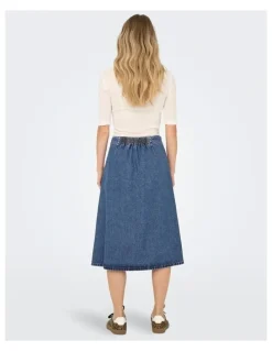 ONLY Thea Wrap Cotton Midi Skirt in Mid Blue Denim