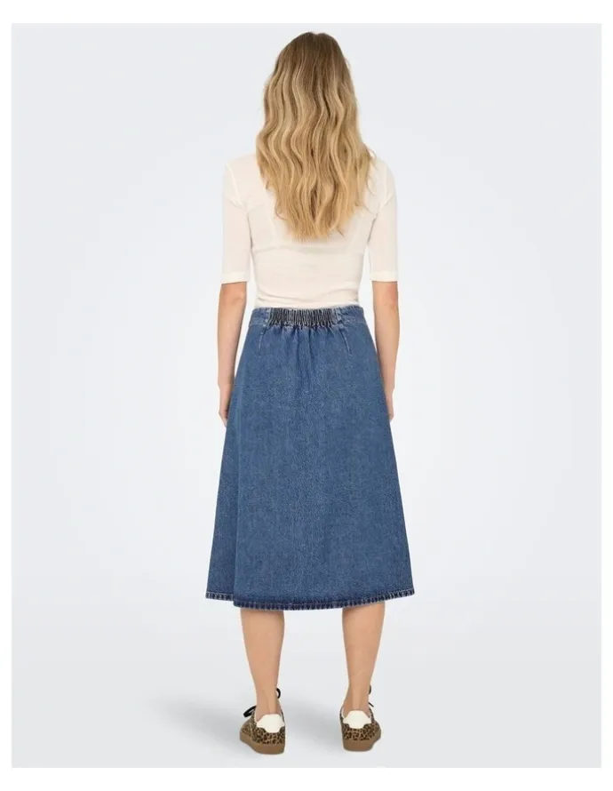 ONLY Thea Wrap Cotton Midi Skirt in Mid Blue Denim