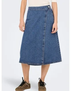 ONLY Thea Wrap Cotton Midi Skirt in Mid Blue Denim