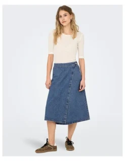 ONLY Thea Wrap Cotton Midi Skirt in Mid Blue Denim