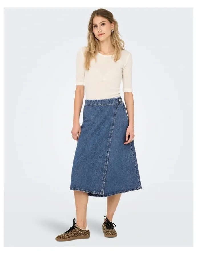 ONLY Thea Wrap Cotton Midi Skirt in Mid Blue Denim