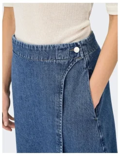 ONLY Thea Wrap Cotton Midi Skirt in Mid Blue Denim