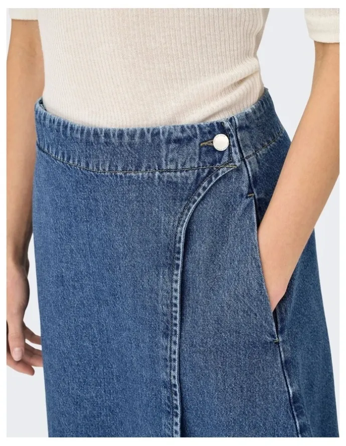 ONLY Thea Wrap Cotton Midi Skirt in Mid Blue Denim