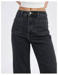 ONLY Victoria High Waisted Pocket Flared Denim Jeans in Washed Black