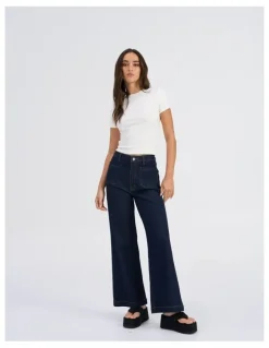ONLY Victoria High Waisted Front Pocket Flared Denim Jeans in Dark Blue