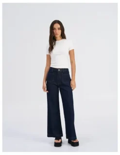 ONLY Victoria High Waisted Front Pocket Flared Denim Jeans in Dark Blue