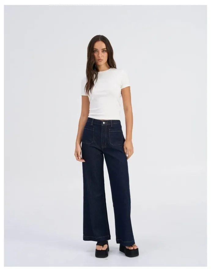 ONLY Victoria High Waisted Front Pocket Flared Denim Jeans in Dark Blue