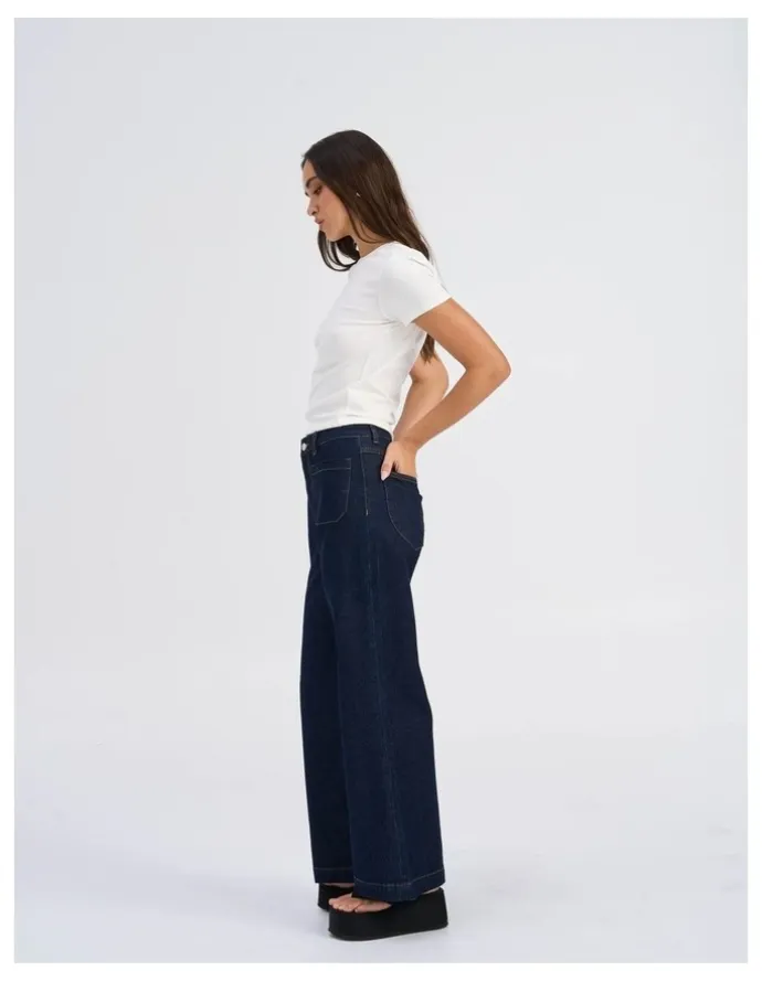 ONLY Victoria High Waisted Front Pocket Flared Denim Jeans in Dark Blue