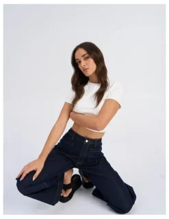 ONLY Victoria High Waisted Front Pocket Flared Denim Jeans in Dark Blue
