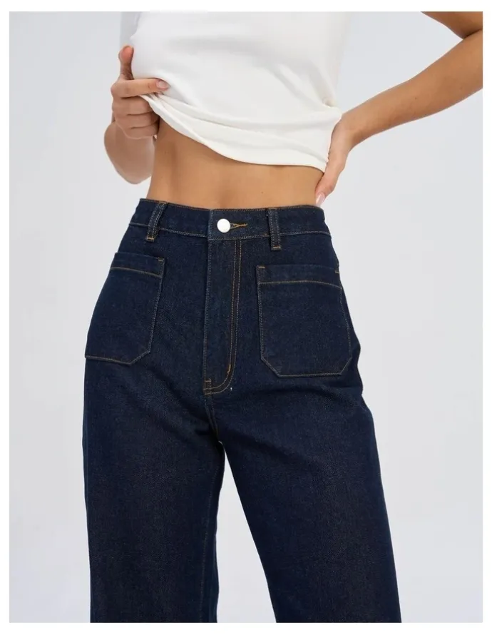 ONLY Victoria High Waisted Front Pocket Flared Denim Jeans in Dark Blue