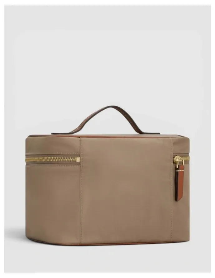 Oroton Lilly Nylon Top Handle Beauty Case in Mushroom/Cognac