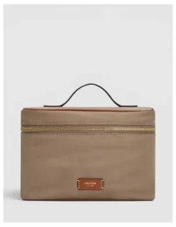 Oroton Lilly Nylon Top Handle Beauty Case in Mushroom/Cognac