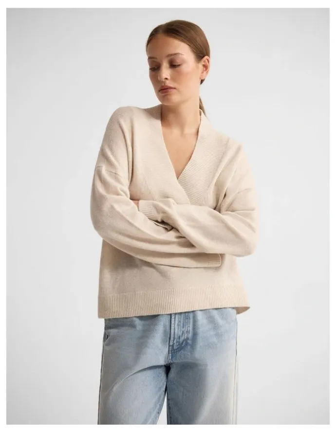 Oxford Camille V-Neck Wool Blend Knit in Ivory