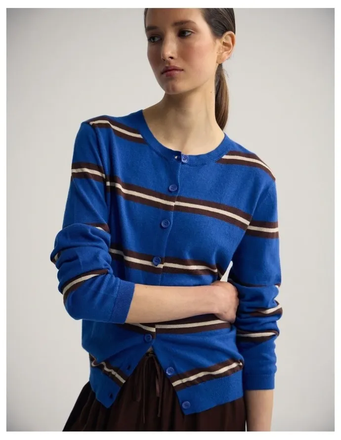 Oxford Margurite Striped Cardigan in Blue