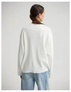 Oxford Pia Cotton V-Neck Knit in Ivory