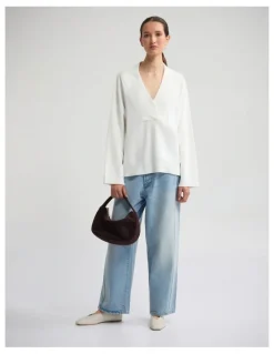 Oxford Pia Cotton V-Neck Knit in Ivory