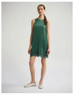 Oxford Amber Satin And Lace Dress in Olive