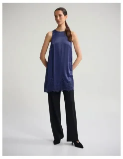 Oxford Amber Satin And Lace Dress in Navy