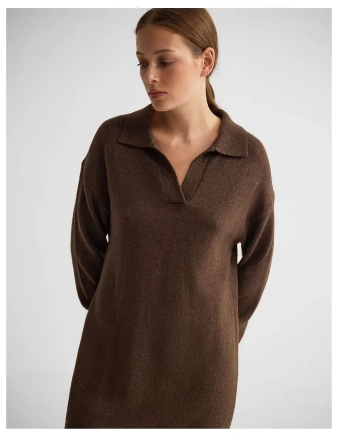 Oxford Kennedy Wool Blend Polo Dress in Chocolate