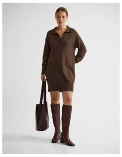 Oxford Kennedy Wool Blend Polo Dress in Chocolate