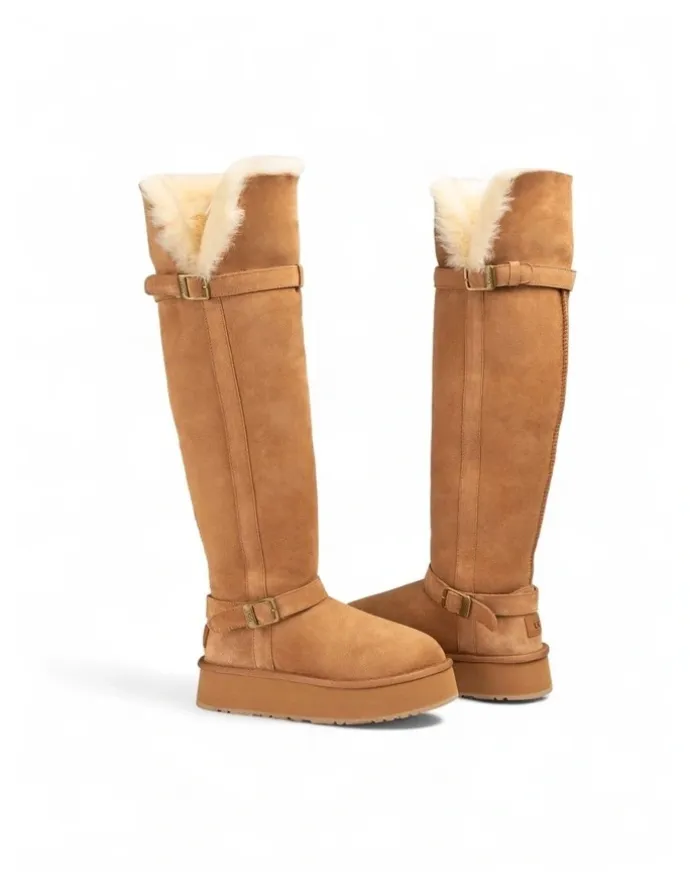 Ozwear Ugg Classic Platform Buckle Tall Boots (Over The Knee) in Chestnut