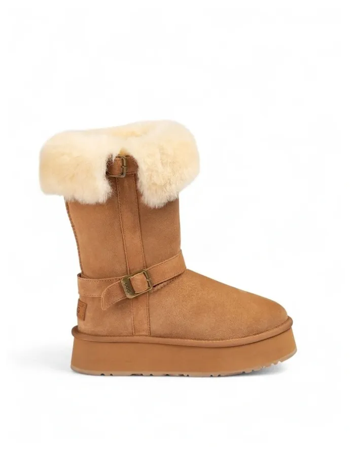 Ozwear Ugg Classic Platform Buckle Long Boots (4.5cm) (Water Resistant) in Chestnut