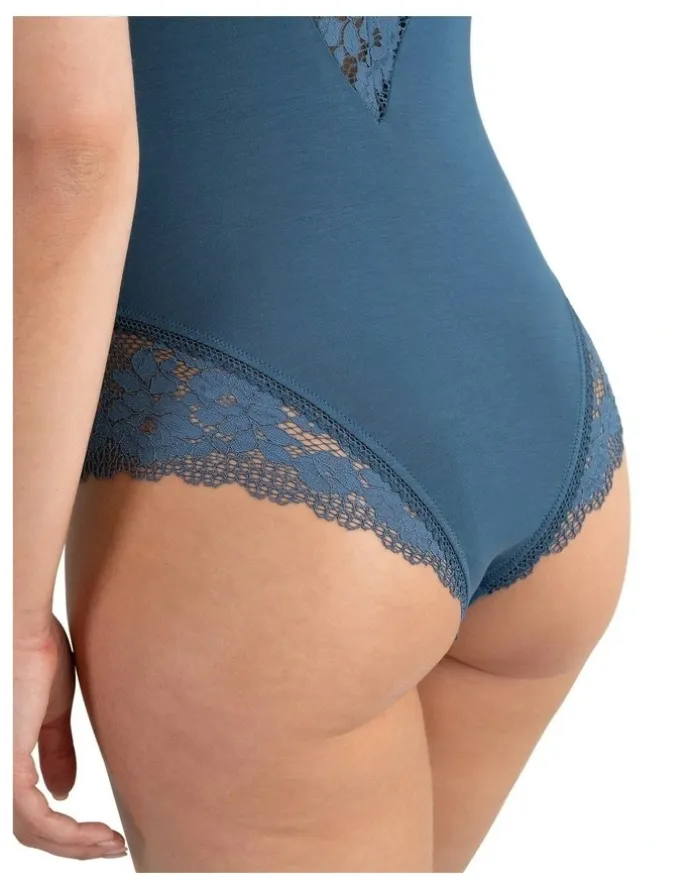 Passionata Nina V Neck Lingerie Bodysuit With Lace in Petrol Blue