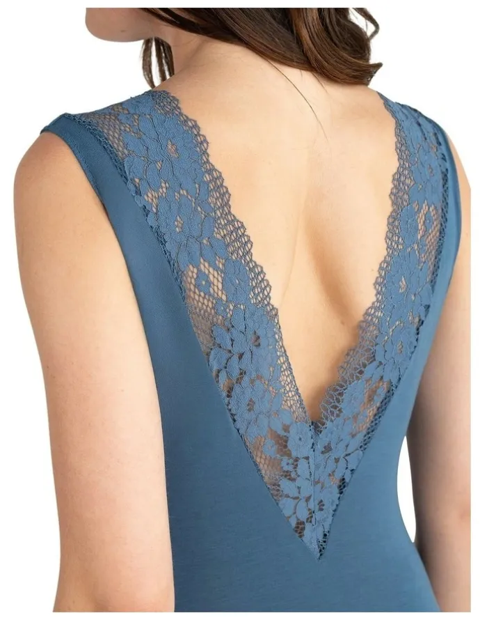 Passionata Nina V Neck Lingerie Bodysuit With Lace in Petrol Blue