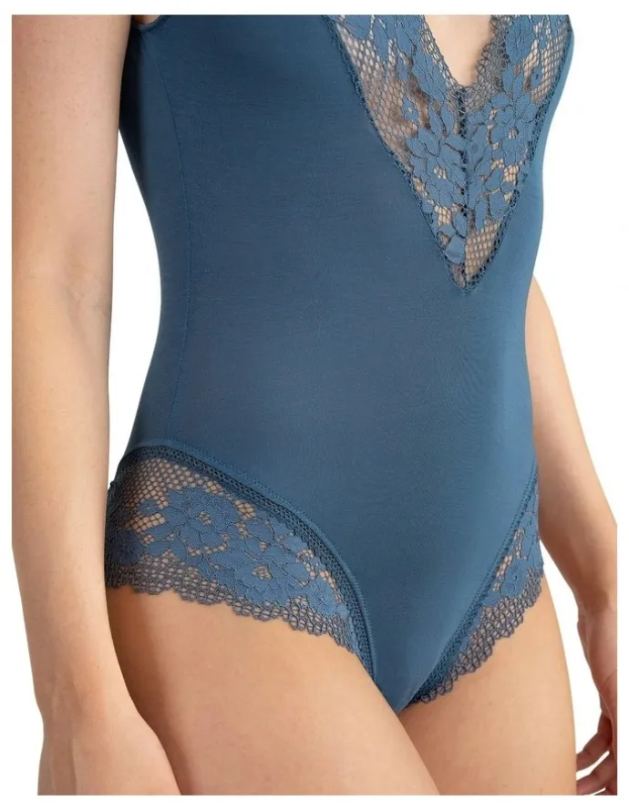 Passionata Nina V Neck Lingerie Bodysuit With Lace in Petrol Blue