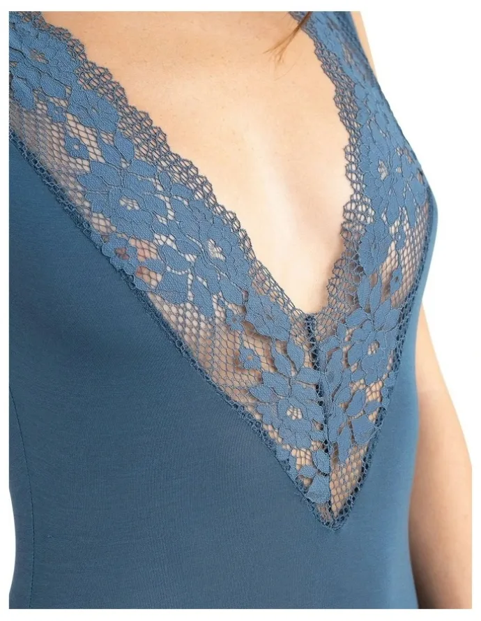 Passionata Nina V Neck Lingerie Bodysuit With Lace in Petrol Blue