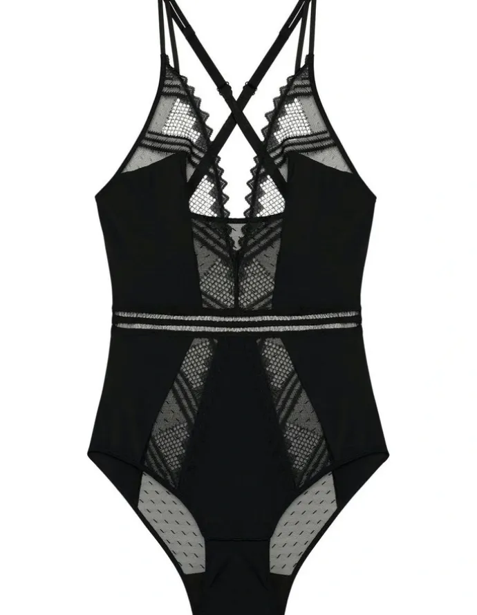Passionata Rodeo Plunge Opaque And Lace Lingerie Bodysuit in Black