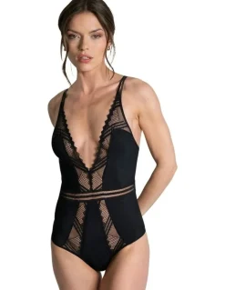 Passionata Rodeo Plunge Opaque And Lace Lingerie Bodysuit in Black