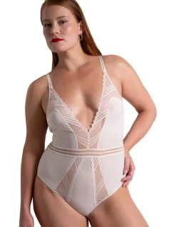 Passionata Rodeo Plunge Opaque & Lace Lingerie Bodysuit in Talc