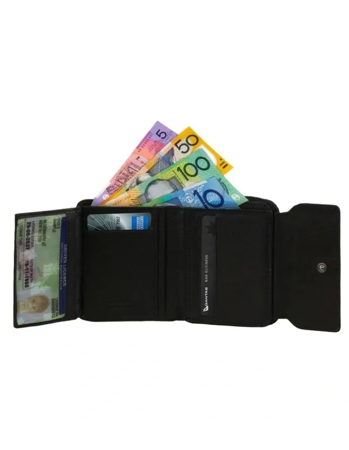 PIERRE CARDIN Leather Bi-Fold Flap Small Wallet in Black