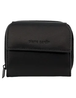PIERRE CARDIN Leather Bi-Fold Flap Small Wallet in Black