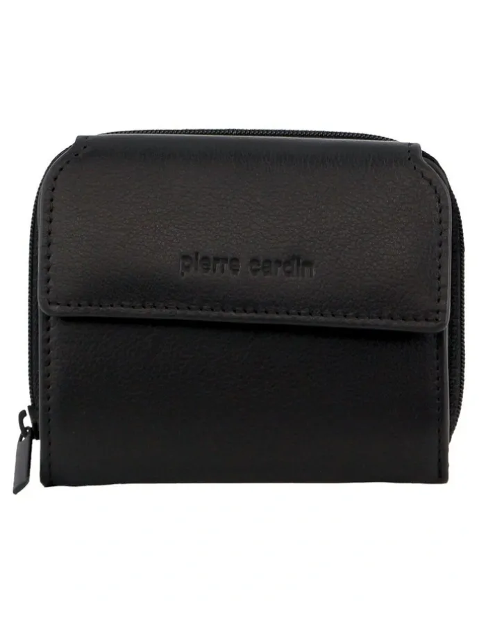 PIERRE CARDIN Leather Bi-Fold Flap Small Wallet in Black