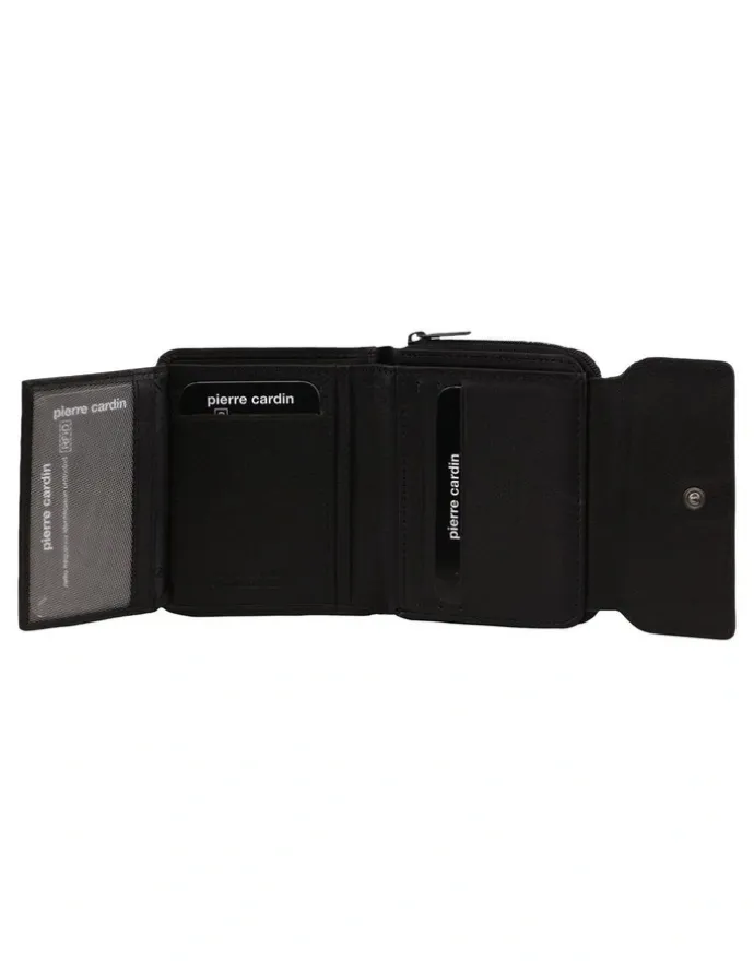 PIERRE CARDIN Leather Bi-Fold Flap Small Wallet in Black