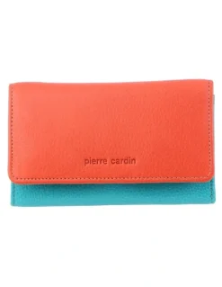 PIERRE CARDIN Leather Tri-Fold Wallet in Orange-Turquoise