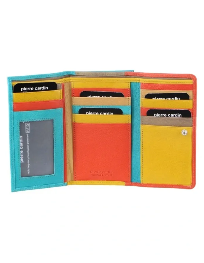 PIERRE CARDIN Leather Tri-Fold Wallet in Orange-Turquoise